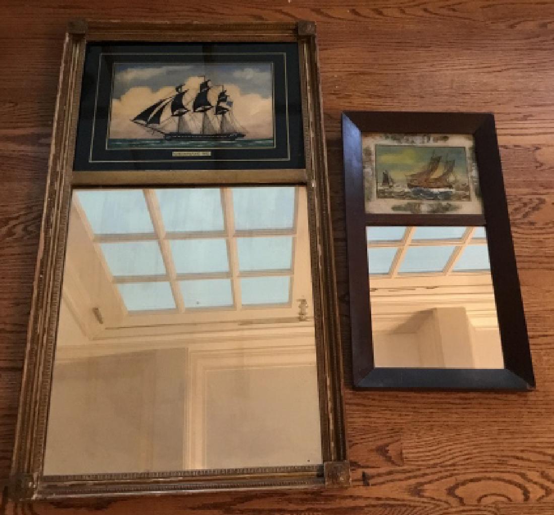 Two Antique Trumeau Form Mirrors w Ship Scenes: Two Antique Trumeau Form Mirrors w Ship Scenes. Larger measures 34 x 18.5 inches. Property of a Waccabuc, New York estate.