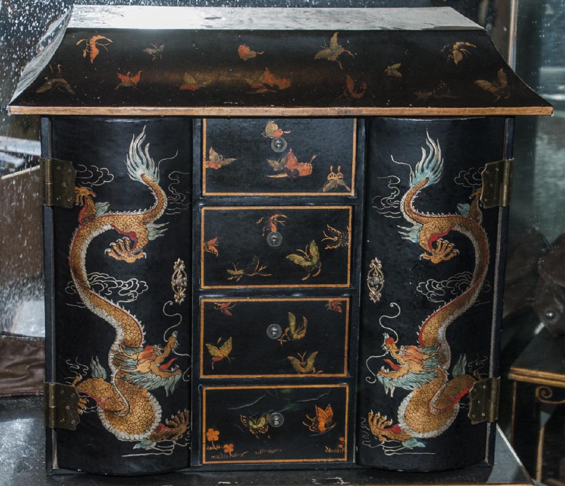 Vintage Hand Painted Chinoiserie Table Top Chest: Vintage Hand Painted Chinoiserie Table Top Chest. 2 doors and 3 drawers, hand painted dragon motif on each door. 24 inches x 26 inches x 14 inches
