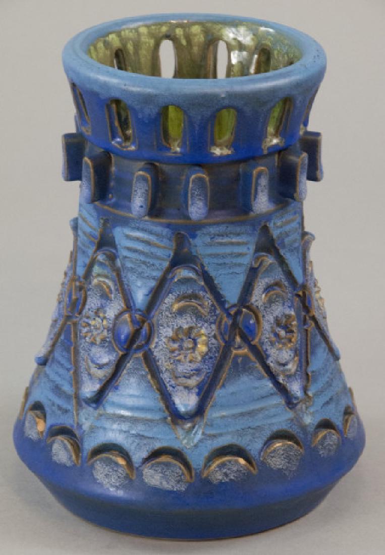 Mid Century Italian Raymor Signed Pottery Vase: Mid Century Italian Raymor Signed Pottery Vase. This mid century hand made and painted pottery vase is signed "Raymor" on the bottom and stamped "Italy". Features geometric patterns and floral details