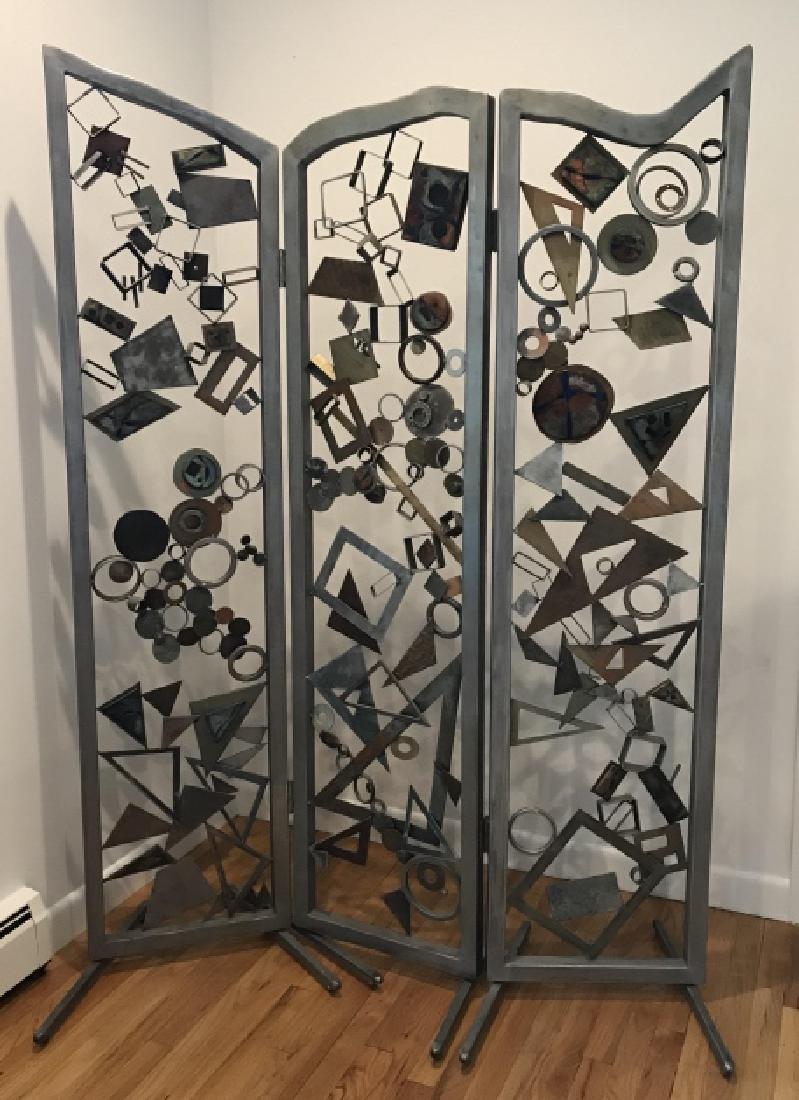 Modernist Abstract Metal 3 Panel Screen: Modernist Abstract Metal 3 Panel Screen. This modernist style abstract metal and enamel work screen by Earth & Sky Creations by Taylor features three panels, each with a unique abstract geometric desi