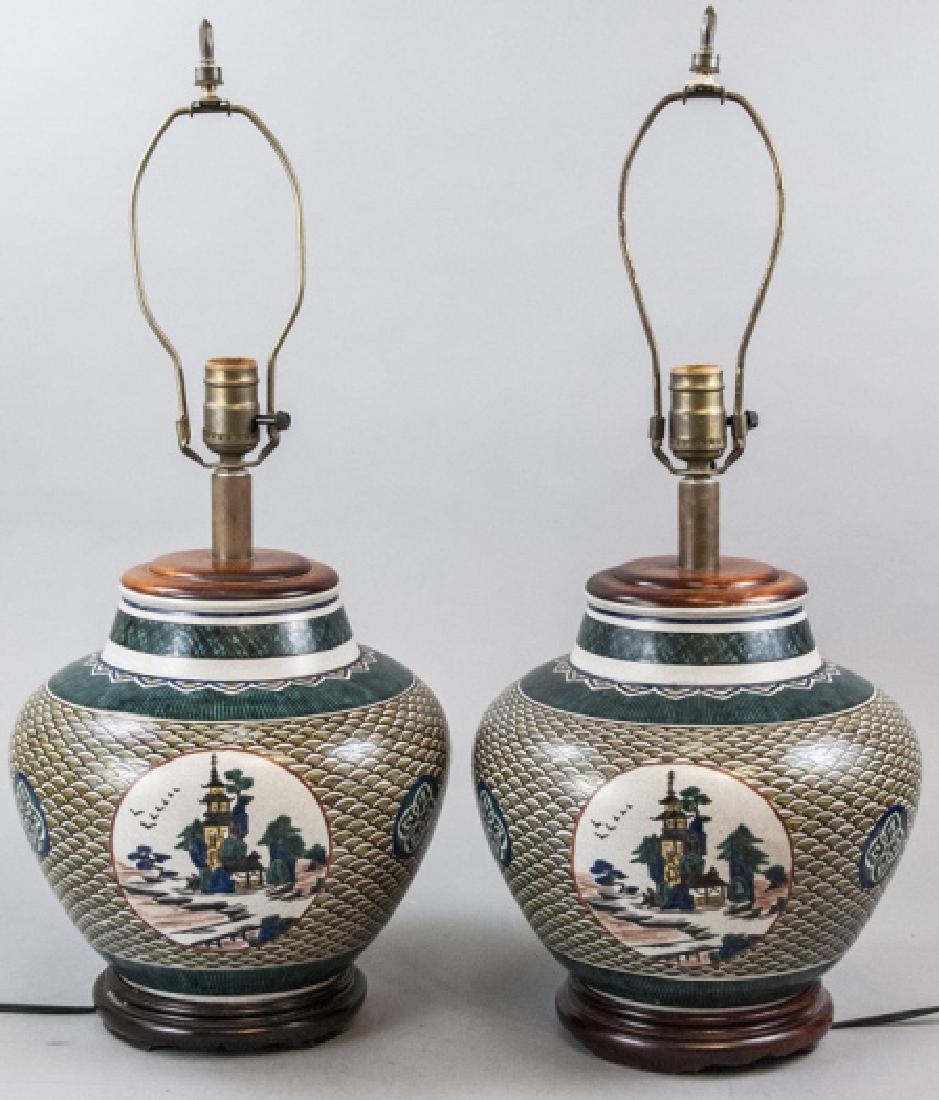 Pair Japanese Hand Painted Porcelain Lamps (1 of 7)