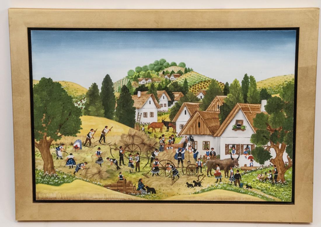 Hedvig Makai Framed Acrylic on Canvas: Hedvig Makai Framed Acrylic on Canvas. Titled Gathering in the Hay 2007. Makai is a well known Hungarian naive artist (1940 - ). Signed by the artist. 19.5 inches x 28 inches