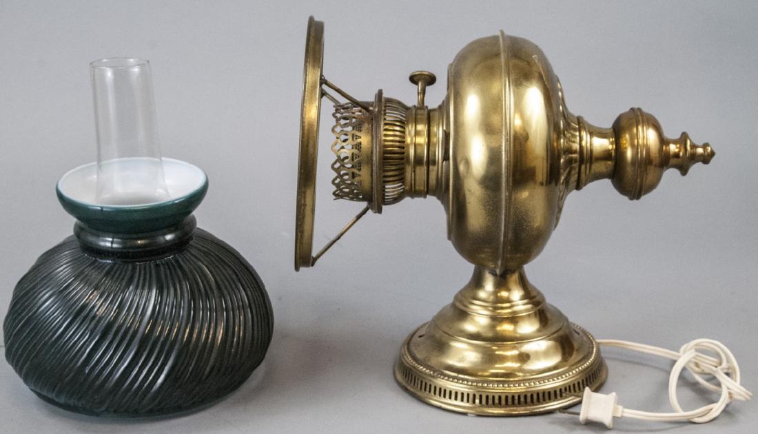 Ant. Conv. Oil Lamp Sconce Green Milk Glass Shade (1 of 4)
