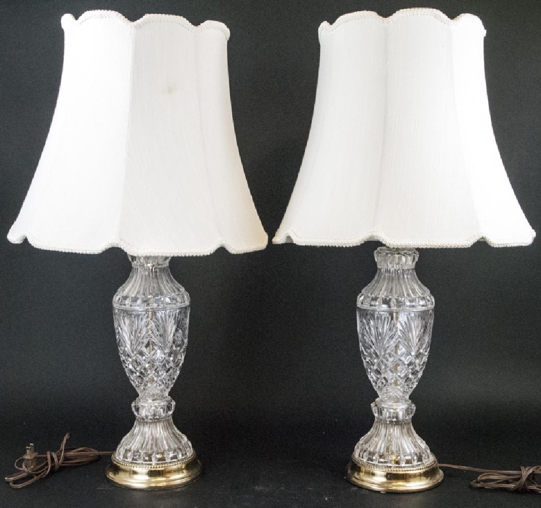 Pair Mid Century Cut Glass Lamps + Silk Shades (1 of 7)