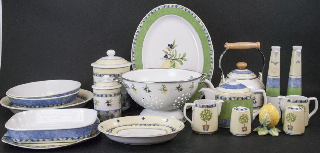 Royal Doulton Carmina China Serve Ware: Royal Doulton Carmina China Serve Ware. This china serve ware set by Royal Doulton in their "Carmina" pattern having a lemon motif includes a pair of oil and vinegar cruets, one pair of matching salt 