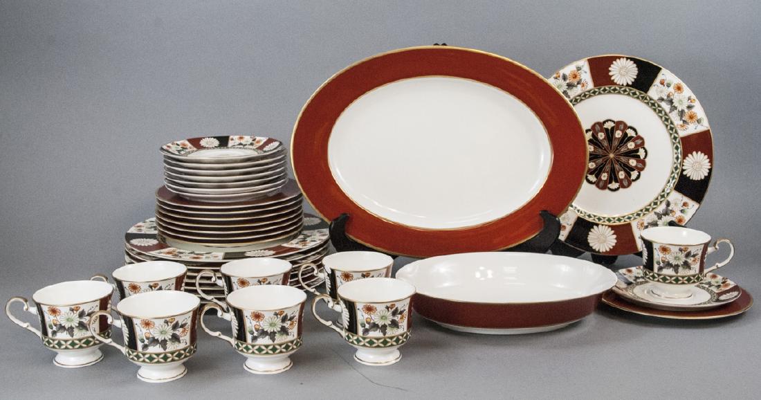 Mikasa Shogun Porcelain Dinner Service for 8: Mikasa Shogun Porcelain Dinner Service for 8. This lot includes 8 dinner plates, 8 teacups, and 8 saucers by Mikasa in the "Shogun" pattern, and one serving dish, 8 salad plates, and one serving platt