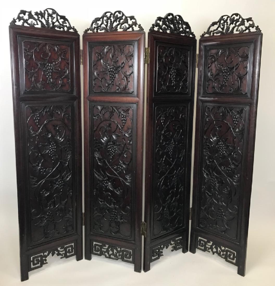 Asian 4 Panel Mahogany Carved Screen Grape Motif (1 of 7)