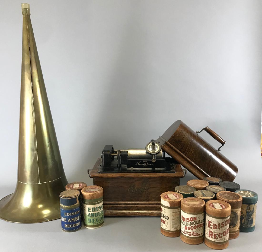 Edison Cylinder Phonograph, Brass Horn, Cylinders (1 of 5)
