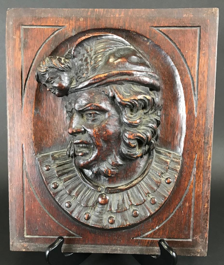 Antique 19th C Black Forest Style Carved Plaque: Antique 19th C Black Forest Style Carved Plaque. Antique German Black Forest style carved wood wall plaque. With deeply carved relief portrait bust. Measures 12.25 x 10.25 inches.