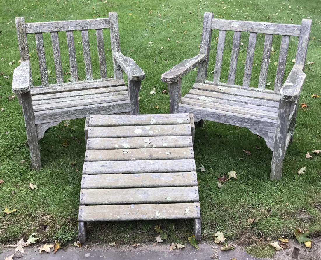 Pair Garden / Patio Teak Wood Armchairs & Ottoman (1 of 3)