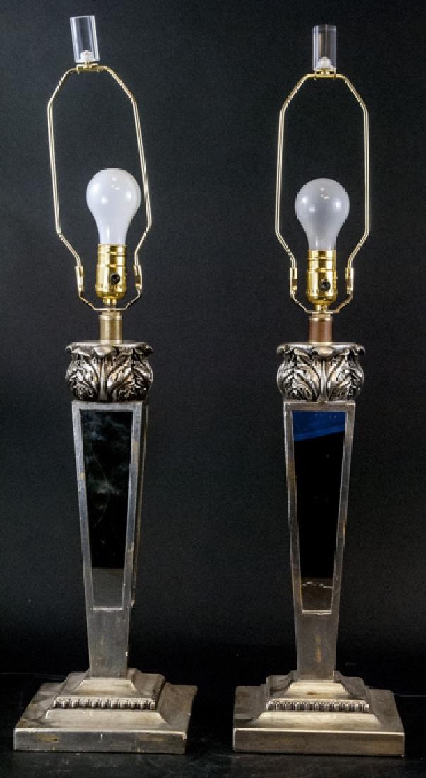 Pair Hollywood Regency Style Pewter Mirrored Lamps (1 of 7)