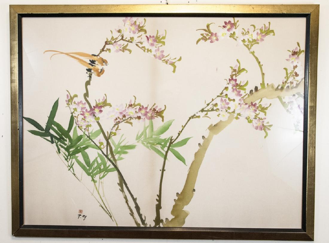 Chinese Painting on Silk Signed Philip Ng: Chinese Painting on Silk Signed Philip Ng. This Chinese painting on silk having a bird, floral, and bamboo motif is signed by the artist Philip Ng (Chinese, 1930-) in the lower left and also features 