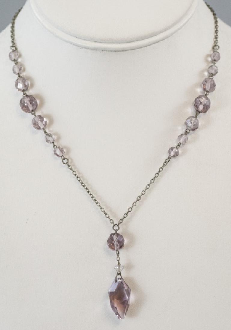 Antique Art Deco Sterling Necklace w Crystal Beads: Antique Art Deco Sterling Necklace w Crystal Beads. Clasp marked sterling. Measures 16 inches in length, drop is 1.75 inches in length.