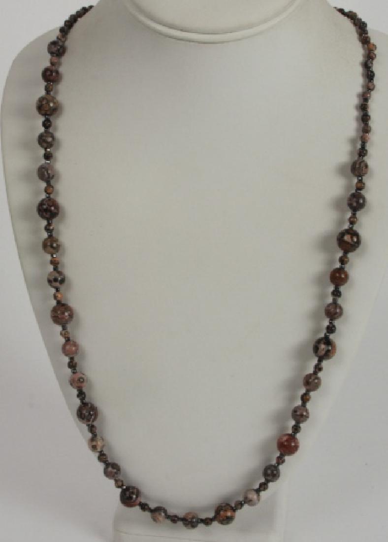 Antique Carved Moss Agate & Marcasite Necklace: Antique Carved Moss Agate & Marcasite Necklace. Measures 31 inches in length.