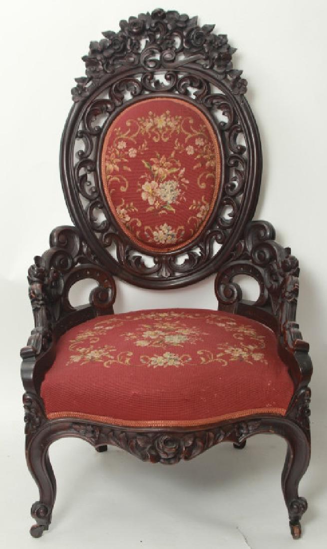 Antique 19th C George Henkels Carved Slipper Chair: Antique 19th C George Henkels Carved Slipper Chair. Duplicate of this chair is shown in Henkels' 1849 advertisement and a similar chair is attributed to George Henkels in the Philadelphia Museum of Ar