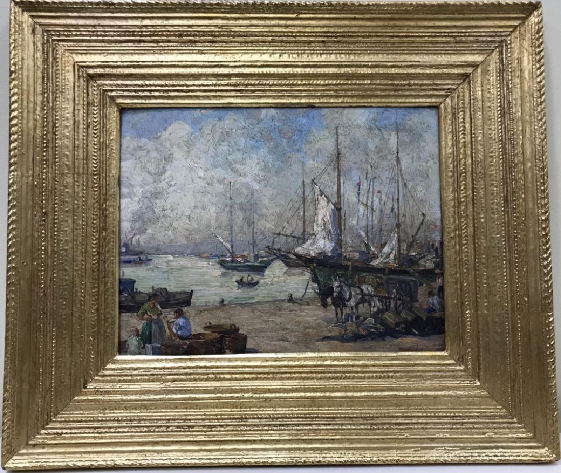 E Haile Framed Harbor Scene Oil Painting on Board (1 of 10)