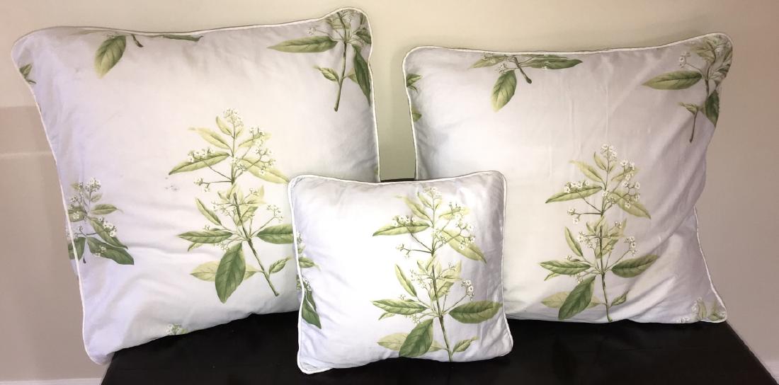 Set of Three Barbara Barry Botanical Motif Pillows: Set of Three Barbara Barry Botanical Motif Pillows. Larger measures 22 x 22 inches. Property of a Bedford, New York estate.