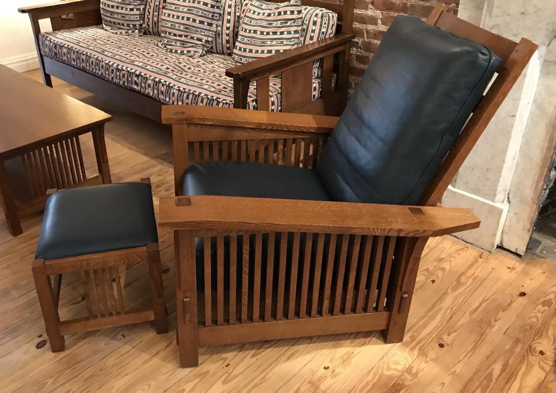 Stickley Mission Style Carved Oak Leather Armchair: Stickley Mission Style / Craftsman Style Carved Oak Leather Armchair & Ottoman. Chair can recline. Measures 39 x 33 x 37.5 inches as shown. Property of a Manhattan estate.