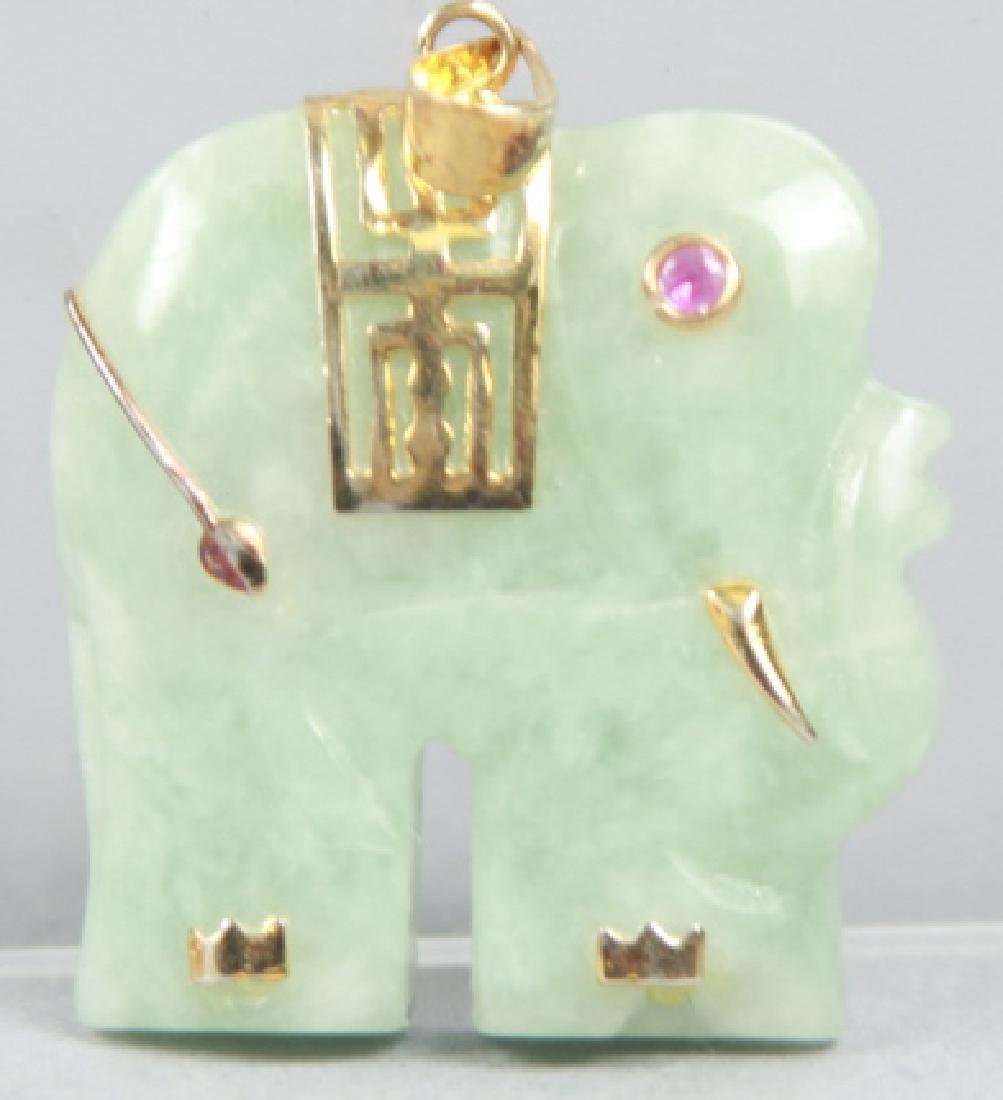 Chinese Carved Jade Elephant Pendant w Rubies (1 of 2)