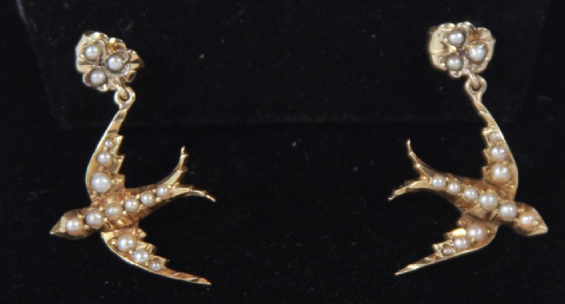 Antique 19th C 14kt Gold & Pearl Swallow Earrings (1 of 5)