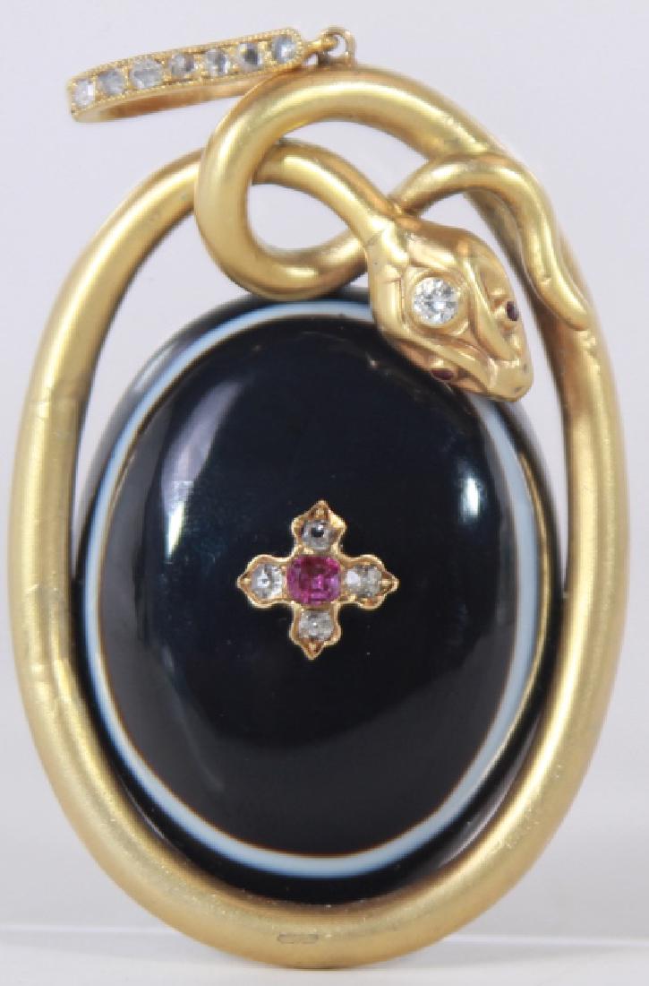 Antique 19th C 14k Yellow Gold Diamond Agate Snake: Antique 19th C 14k Yellow Gold Diamond Agate Snake Necklace Pendant. Banded agate cabochon at center with coiled snake wrapped around. Measures approximately 3 inches in length, weighs approximately 2
