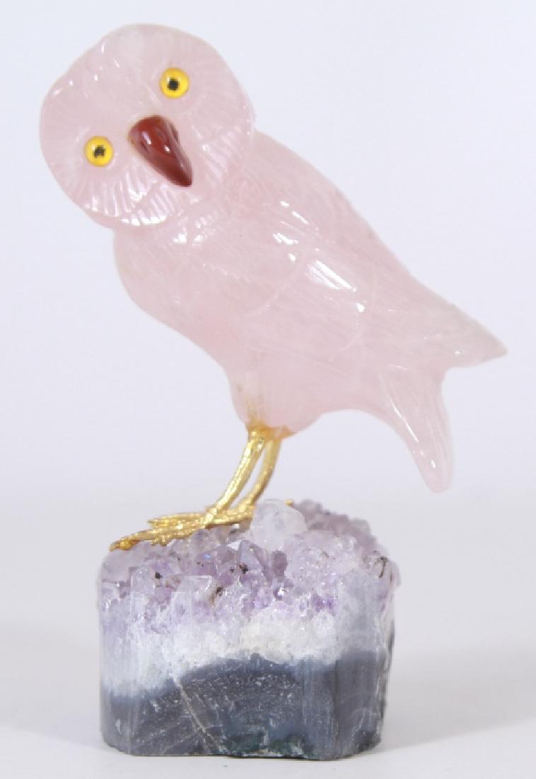 Carved Rose Quartz & Amethyst Geode Owl Statue (1 of 4)