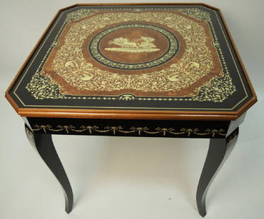 Vintage Sorrento Italian Neoclassical Games Table: Vintage Sorrento Italian Neoclassical Style Games Table. Having all over inlaid Neoclassical details. Allows for chess, backgammon, and roulette. Includes game pieces. Measures 29.5 inches x 30 inches