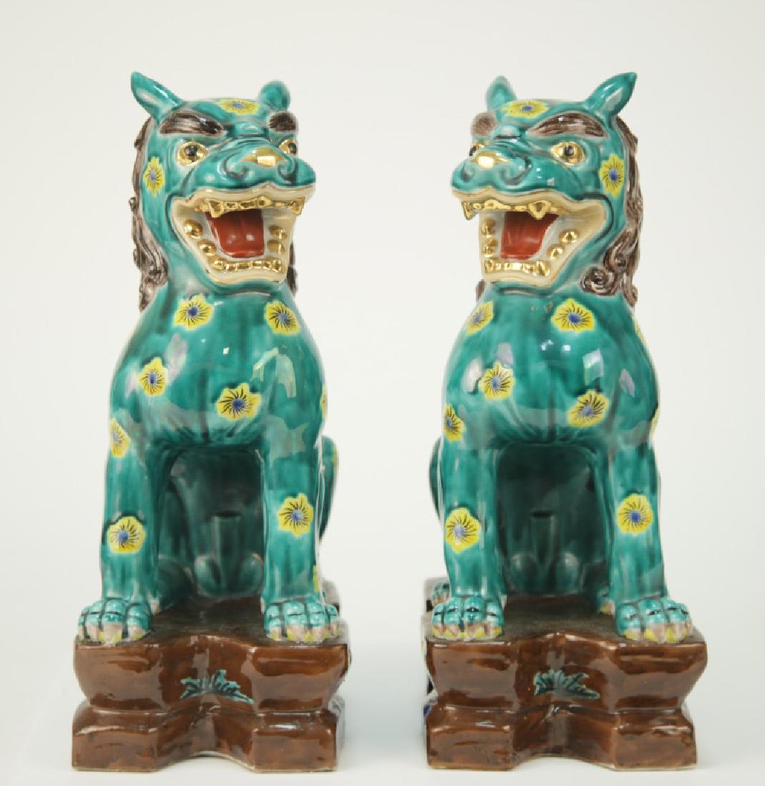 Pair Chinese Porcelain Hand Painted Gilt Foo Dogs (1 of 3)