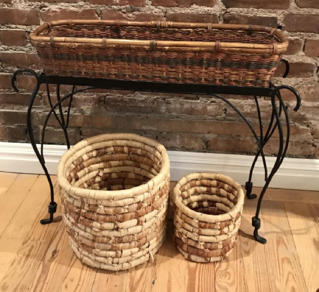 Wrought Iron Plant Stand & Wicker Basket Planters (1 of 3)