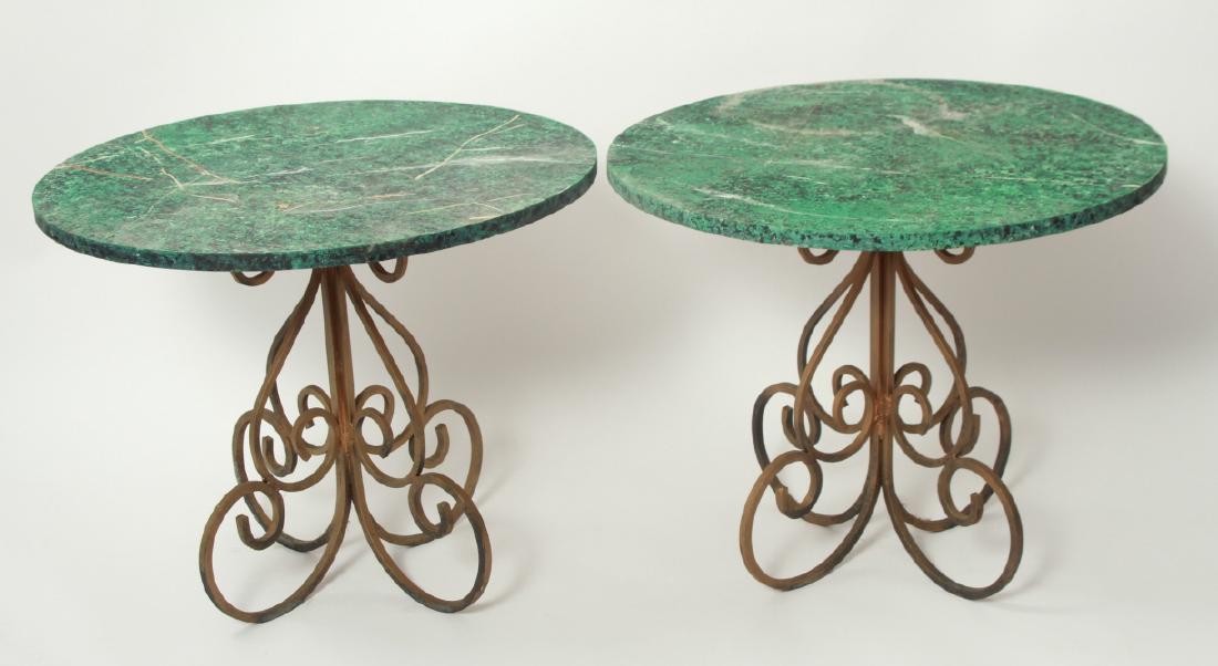 Pair End Tables w Wrought Bases & Faux Marble Tops (1 of 4)