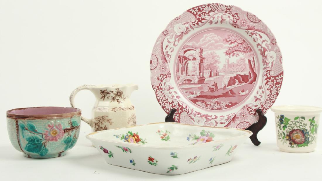 Antique Porcelain & Ironstone Group Incld Mason's: Antique Porcelain & Ironstone Group Incld Mason's. Mason's, majolica, spode and hand painted. Round spode plate measures 10.5 inches in diameter.