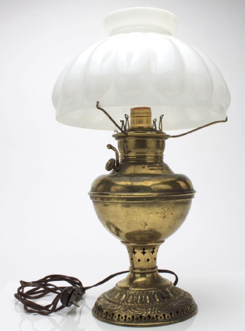 Converted Antique Brass Oil Lamp Milk Glass Shade (1 of 13)