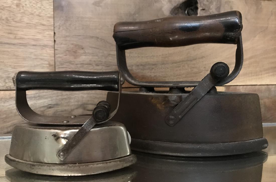 Pair Antique Cast + Stainless Steel Irons: Pair Antique Cast + Stainless Steel Irons. 7 inches x 4 inches