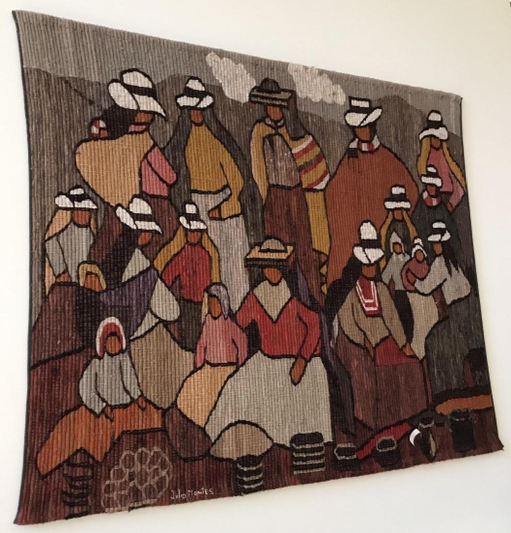 Large Vintage Woven Tapestry Signed Julio Montes: Large Vintage Woven Tapestry Signed Julio Montes. Measures 49 x 57 inches. Property of a Mount Kisco, New York estate.