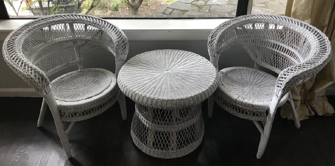 Pair Vintage White Wicker Armchairs & Round Table (1 of 3)