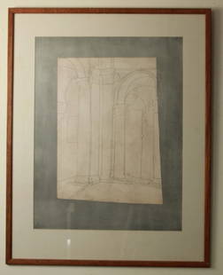 Ben Nicholson Classical Architectural Sketch Print: Ben Nicholson Classical Architectural Sketch Print. Architectural drawing print having classical arches and columns. Attributed to Ben Nicholson, written on back. Professionally matted and framed. 32.