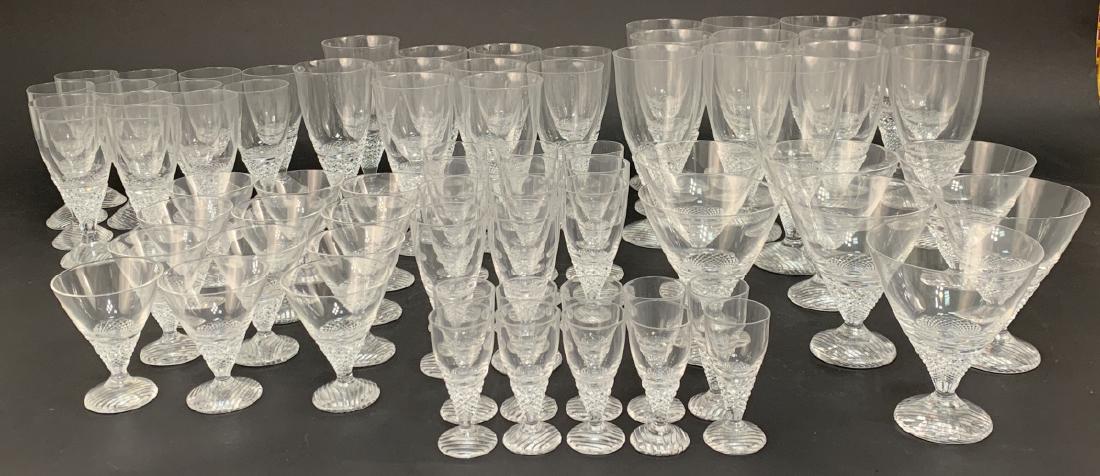 Very Large Set Orrefors Stemware Hand Signed: Very Large Set Orrefors Stemware Hand Signed. Heavy base stemware with intricate raised diamond pattern on stems and stripes on foot of glasses. No chips. 77 glasses in 7 sizes include 11 cordial, 12 