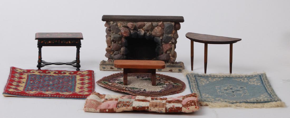 Dollhouse Miniature Handmade / Artisan Items: Dollhouse Miniature Handmade / Artisan Items. Two handmade needlepoint carpets, handmade stone fireplace, handmade bench and table. Hand painted table. Fireplace measures 6 inches in width.