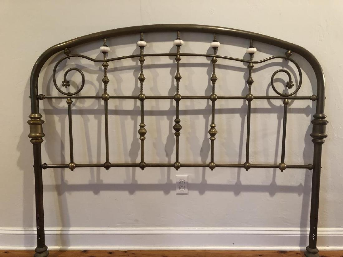 Antique Brass + Marble Ball + Bar Queen Headboard: Antique Brass and Enamel Ball and Bar Queen Headboard. Finials are made of marble. 51 inches x 5 feet wide.