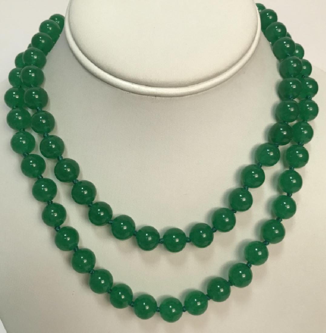 Pair Hand Knotted Green Jade Round Bead Necklaces (1 of 5)