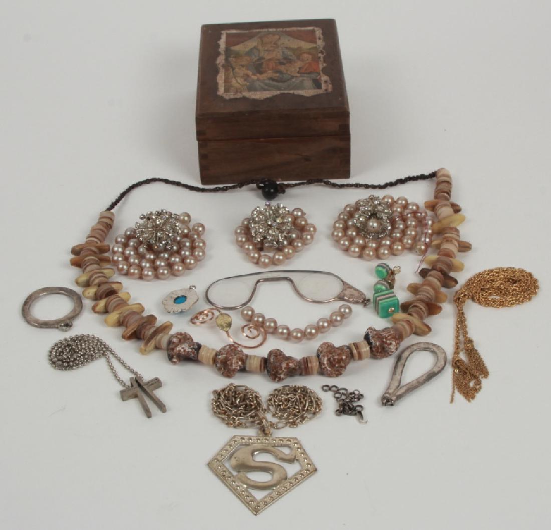 Collection Vintage Costume Jewelry & Jewelry Box: Collection Vintage Costume Jewelry & Jewelry Box. Large group lot of jewelry pieces and parts with vintage wooden box.