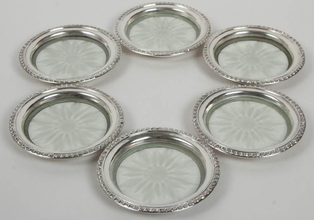 Set of Six Sterling & Cut / Etched Glass Coasters (1 of 7)