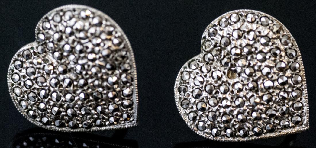 Vintage Sterling Silver Marcasite Heart Earrings: Pair of Vintage Sterling Silver Marcasite Heart Earrings. Each hallmarked and measures just over 1/2 an inch in width.
