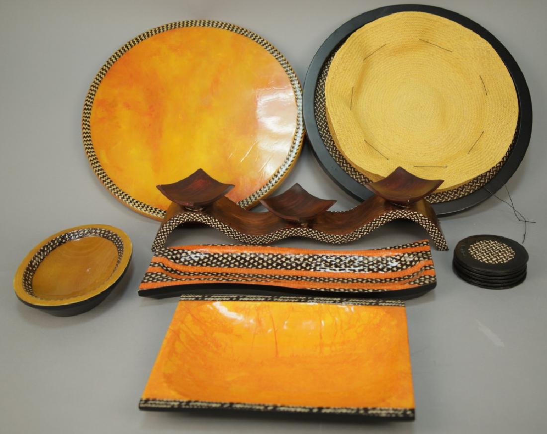Columbian Hand Made Wood + Lacquer Serve Ware: Columbian Hand Made Wood + Lacquer Serve Ware. Hand carved and hand woven and lacquered pieces all coordinating in pattern and color. Leather coasters in included. Made in Columbia. Largest tray is 15