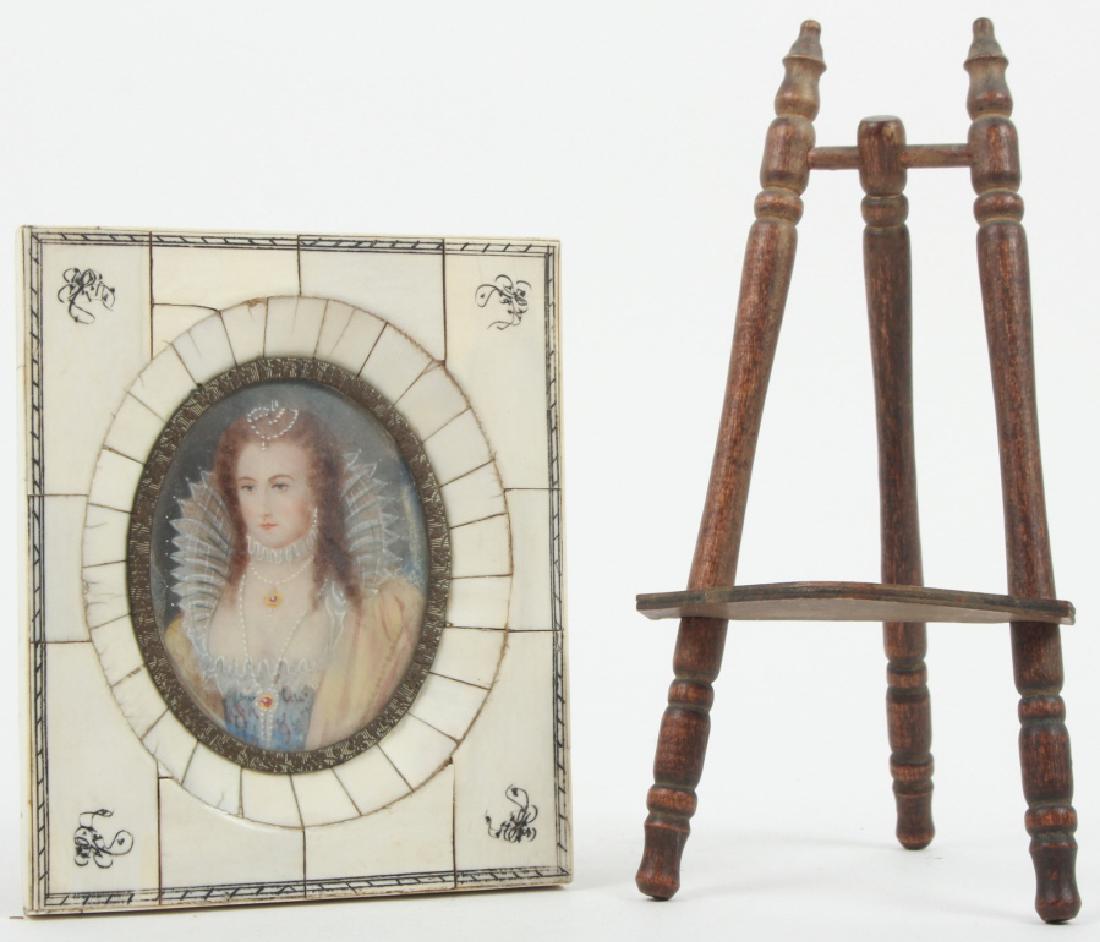 Antique Elizabethan Style Portrait Miniature: Antique Elizabethan Style Portrait Miniature. Portrait features a woman in renaissance costume. Scrimshaw style frame with Flemish style motif carved into the frame. Hand turned wooden stand included.