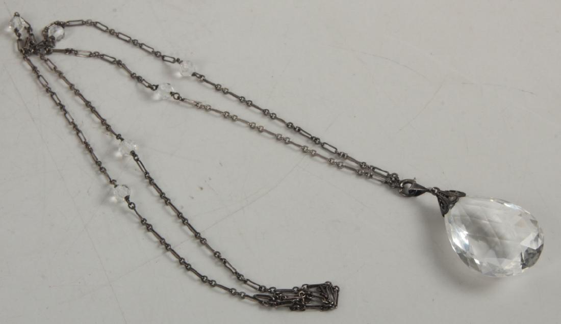 Antique Art Deco Sterling & Rock Crystal Necklace: Antique Art Deco Sterling & Rock Crystal Necklace. Having a sterling silver chain and rock crystal beads / pendant. Measures 30 inches in length, plus pendant.