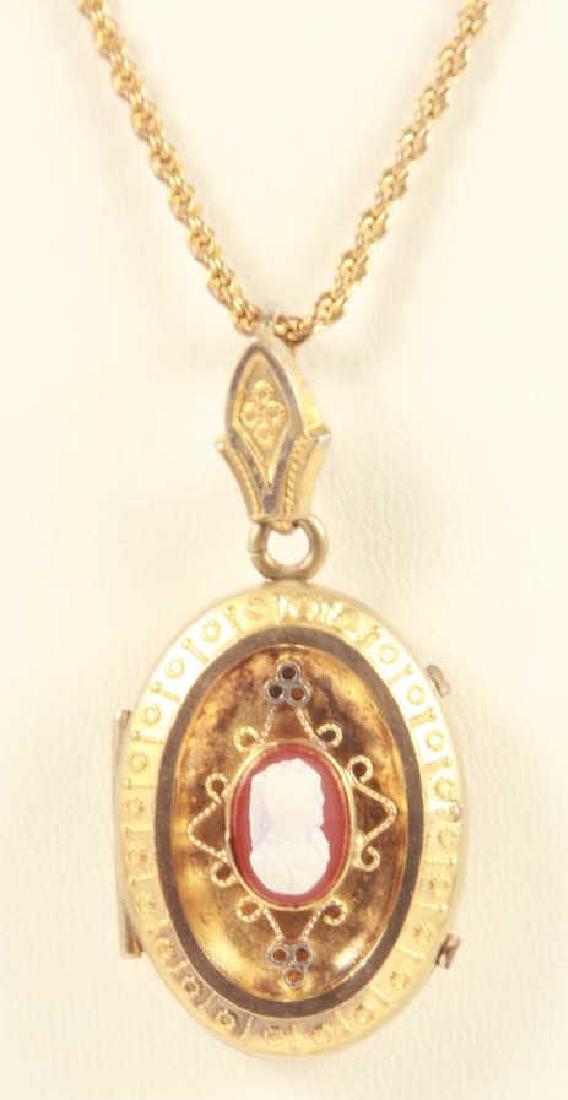 Antique 19th C Cameo Set Locket Pendant on Chain: Antique 19th C Cameo Set Locket Pendant on Chain. Gold filled locket necklace. Chain measures 16.5 inches in length.