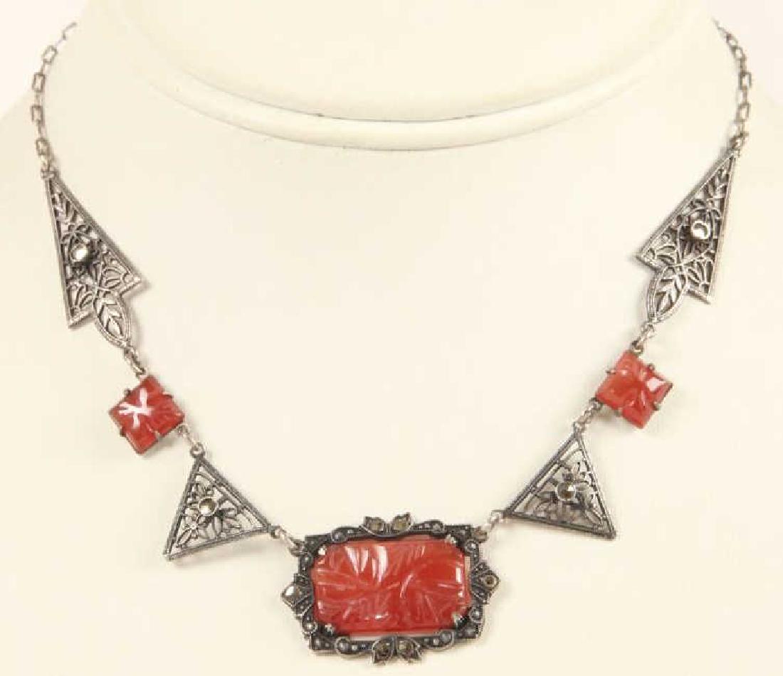 Antique Art Deco Sterling & Carnelian Necklace: Antique Art Deco Sterling & Carnelian Necklace. Measures nearly 14 inches in length.
