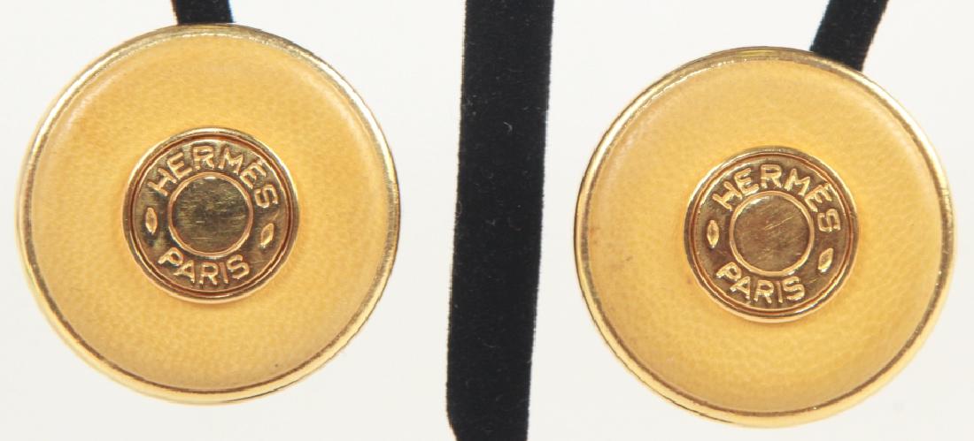 Pair Vintage Hermes Gilt Metal & Leather Earrings (1 of 3)