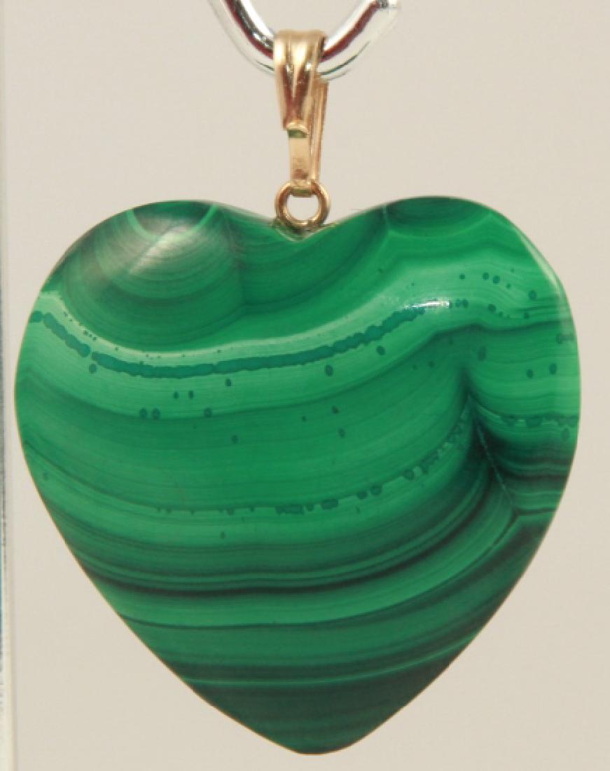 Estate 14kt Yellow Gold & Malachite Heart Pendant: Estate 14kt Yellow Gold & Malachite Heart Pendant. Large heart necklace pendant. Measures 1.5 inches in length.